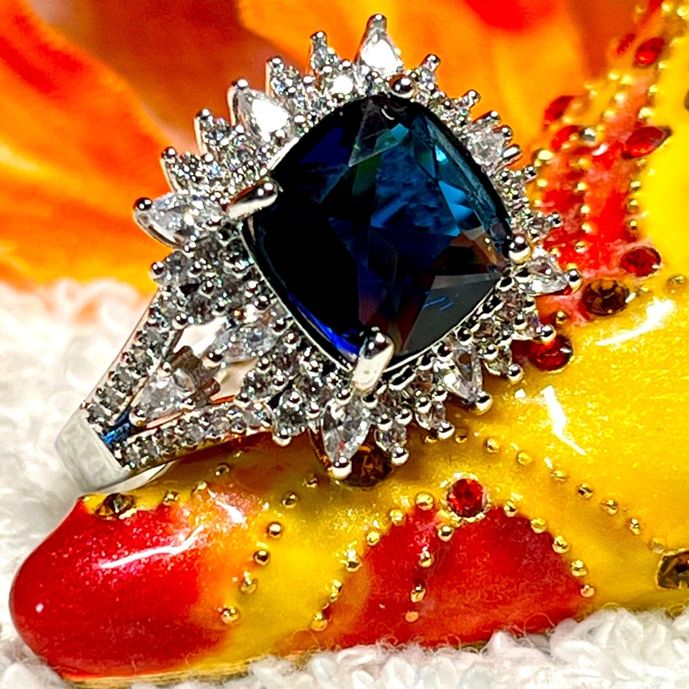 💙Romantic art deco style silver ring, sterling blue and white stones